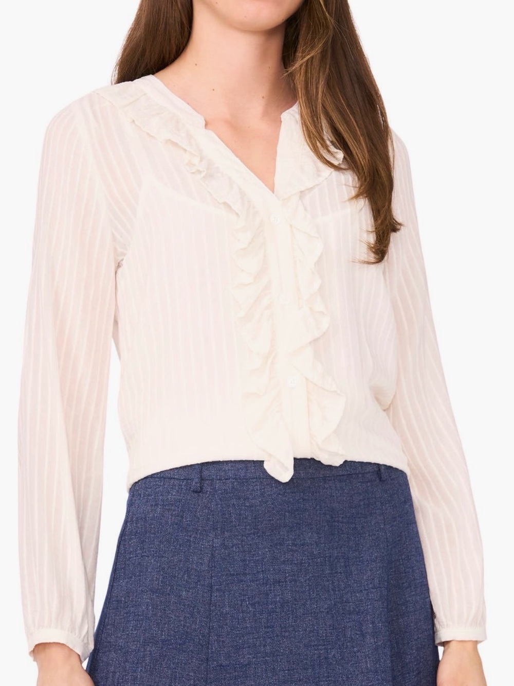 Halogen White Ruffle Placket Stripe Button Up Shirt